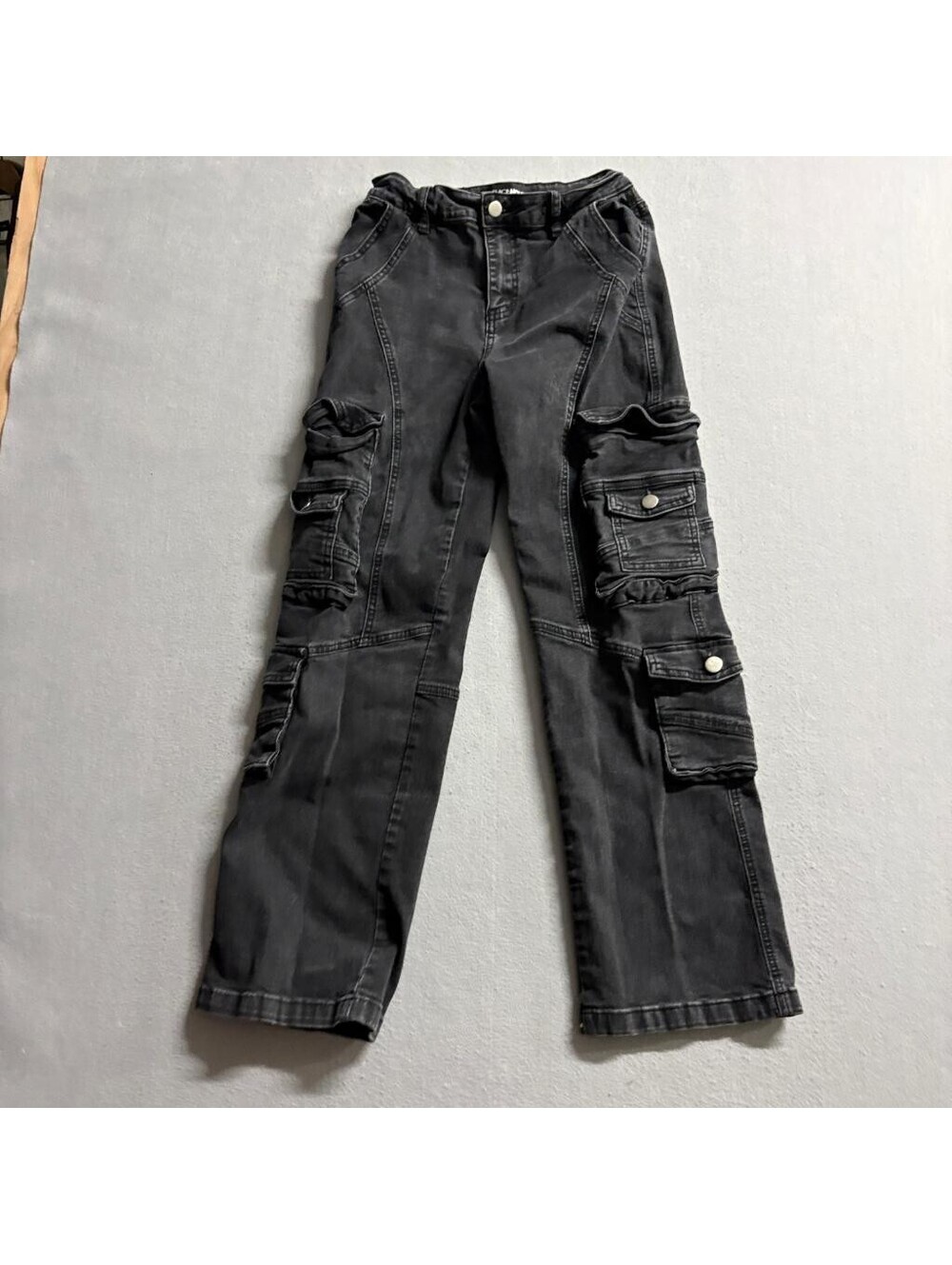 Fashion Nova Girls Size 3 Black Denim Cargo Jeans High Rise Utility Pockets